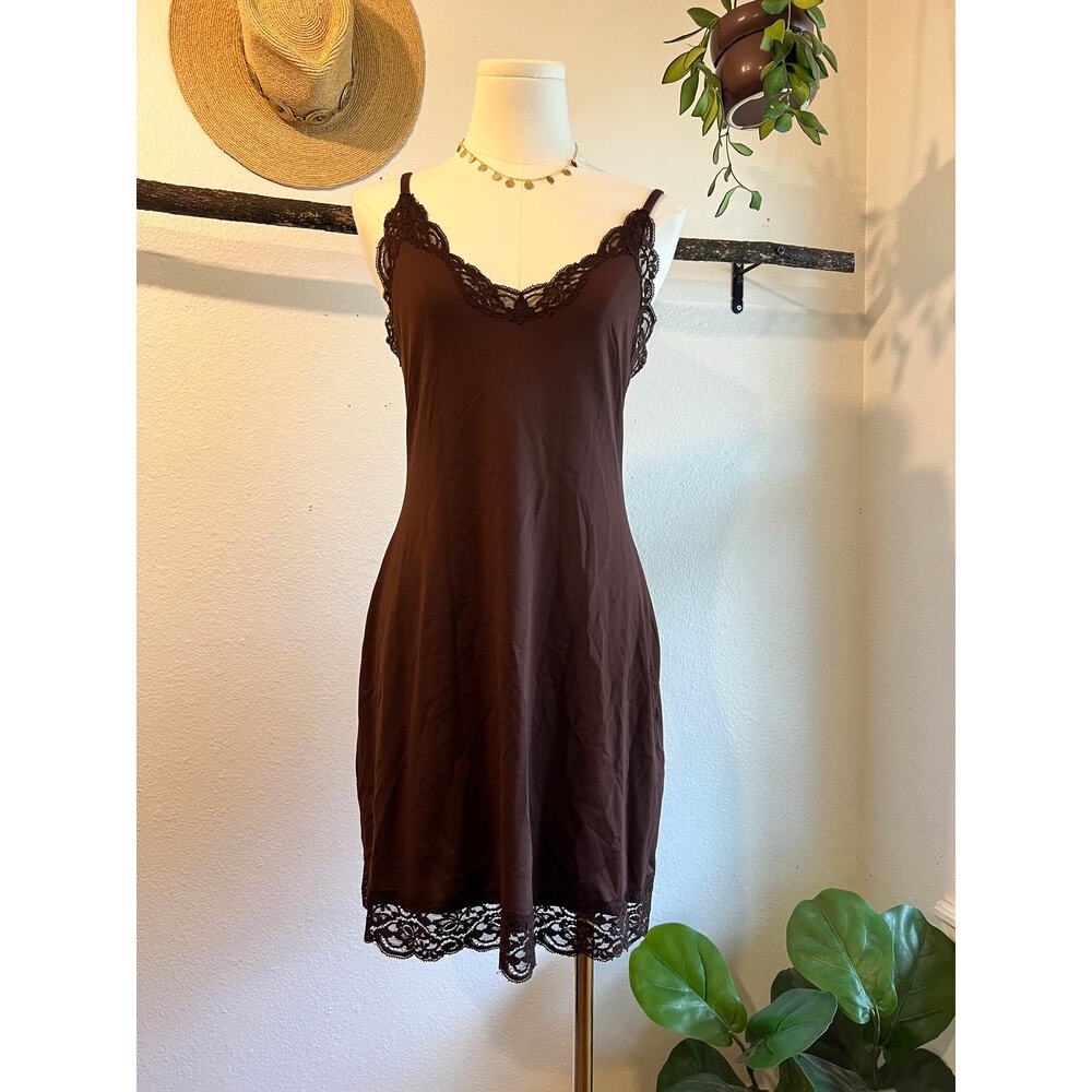 USA Only Hearts Chocolate Brown Lace Trim Slip Dress Size Medium
